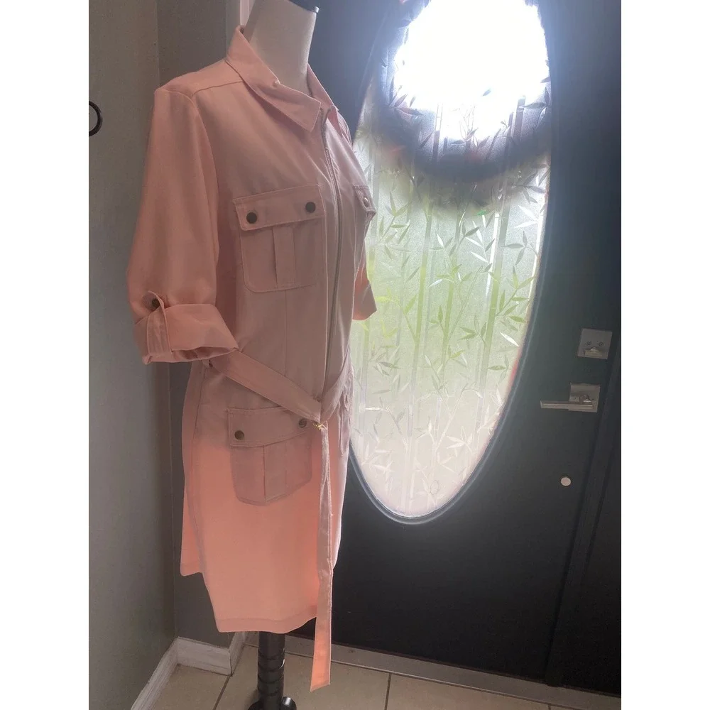 Sharagano Pink Utility Shirt Dress Zip Front Belted Cargo Pockets Size 14 NWT